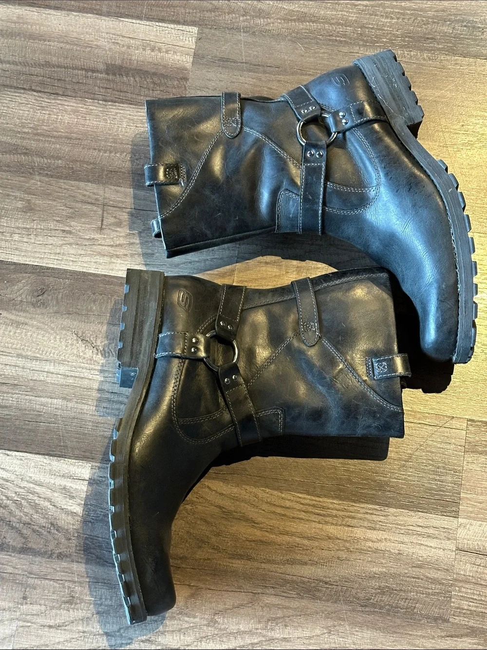 Skechers Black Leather Harness Moto Boots Size 12